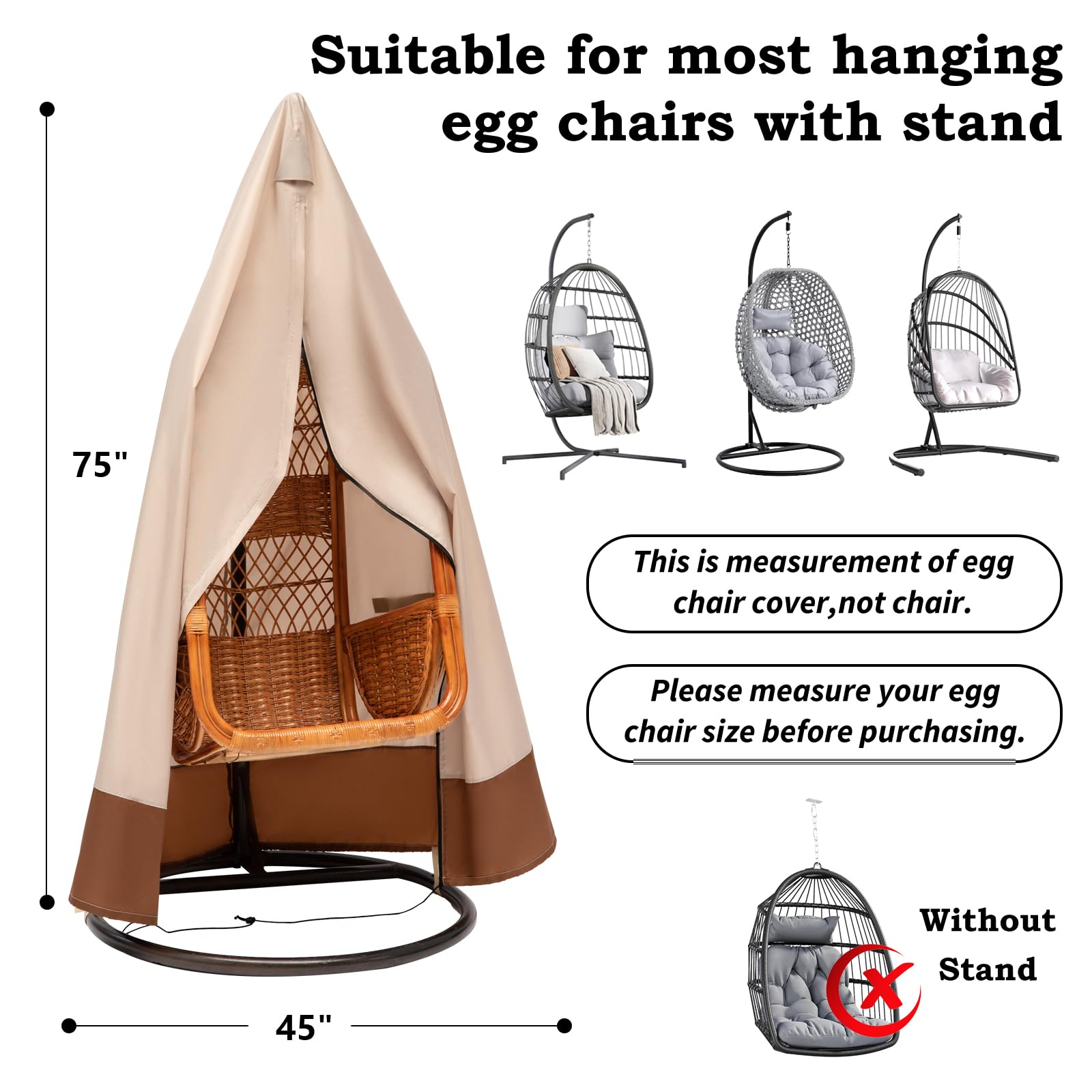 Egg Chair Cover with Waterproof Zipper,Outdoor Hanging Egg Chair Cover with Air Vent,Egg Swing Chair Cover Patio Wicker Hanging Chair Covers UV Resistance (75 X 45 Inches)