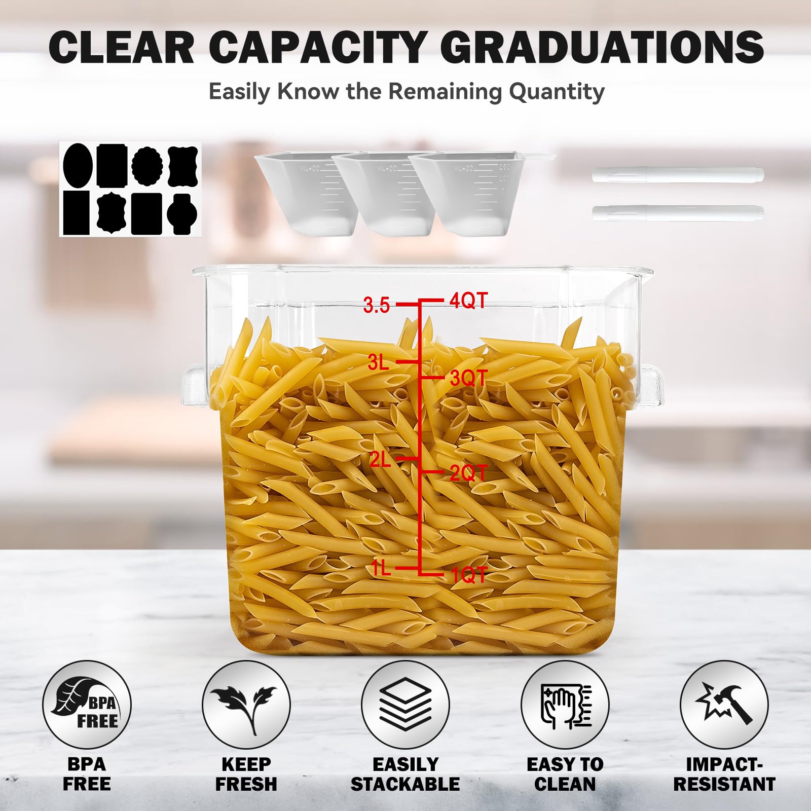 4QT NSF Food Storage Containers: 8 PCS [Food Grade][Hot&Cold Resistant] Commercial Clear Food Storage Containers with Lids for Restaurant Kitchen Proof Dough, Measuring Spoons Included(BPA FREE)