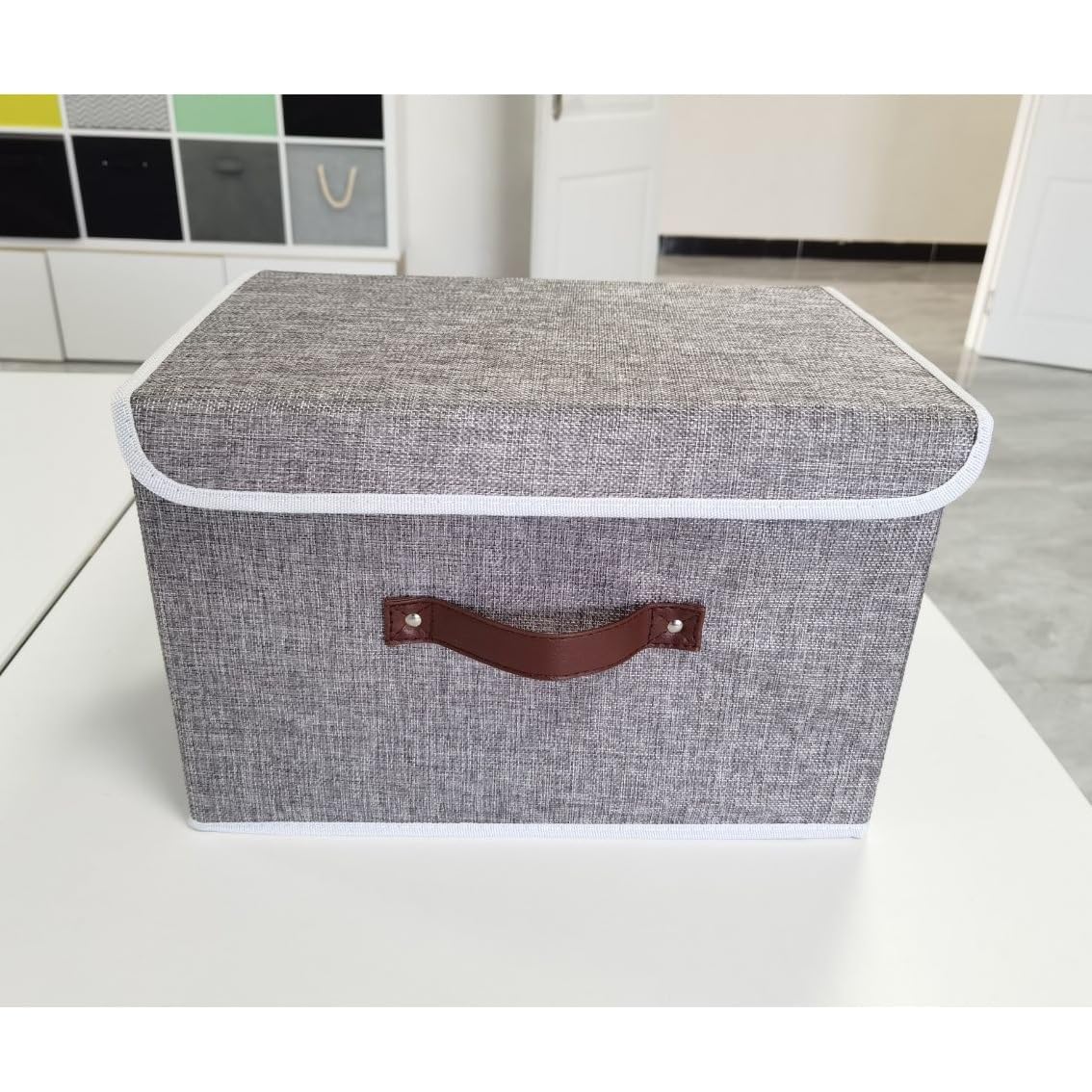 Calonge Storage Bin with Lid Storage Boxes with PU Leather Handles Decorative Foldable Lidded Cotton Linen Fabric Home Container with Flip-Top Lid & Handles, Clothes Blanket Box