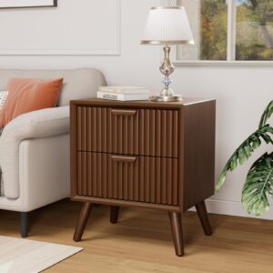 HOMPUS Modern End Table, Nightstand w 2 Storage Drawers, Night Stand w Walnut Wood Grain Finish, Small Chest of Drawer, Cabinet w 2 Drawers for Bedroom, Living Room