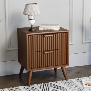 hompus modern end table, nightstand w 2 storage drawers, night stand w walnut wood grain finish, small chest of drawer, cabinet w 2 drawers for bedroom, living room