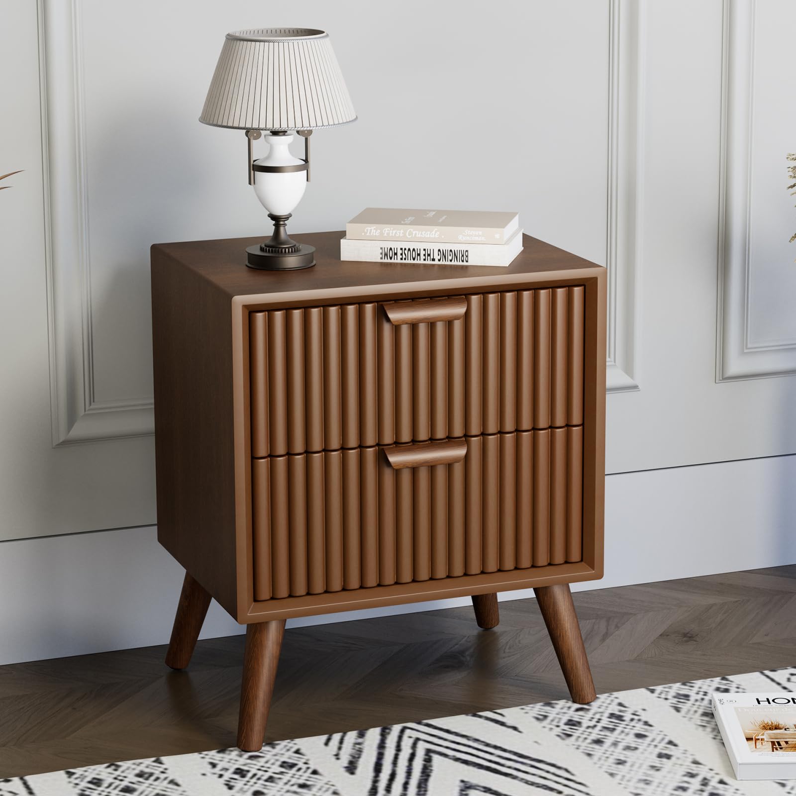 HOMPUS Modern End Table, Nightstand w 2 Storage Drawers, Night Stand w Walnut Wood Grain Finish, Small Chest of Drawer, Cabinet w 2 Drawers for Bedroom, Living Room