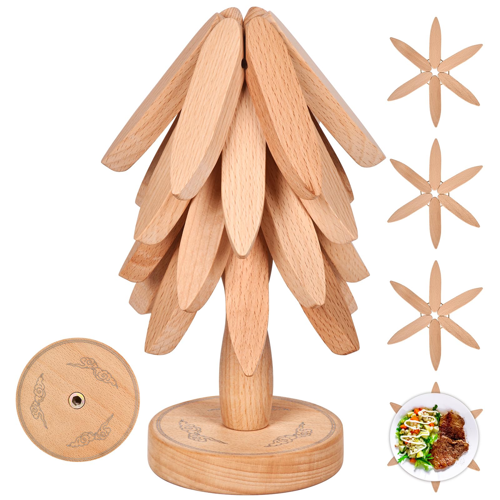 Wooden Trivets for Hot Dishes，Christmas Tree Trivet,Wooden Tree Coasters Store Like a Christmas Tree - 4 Wooden Trivet + 1 Stand