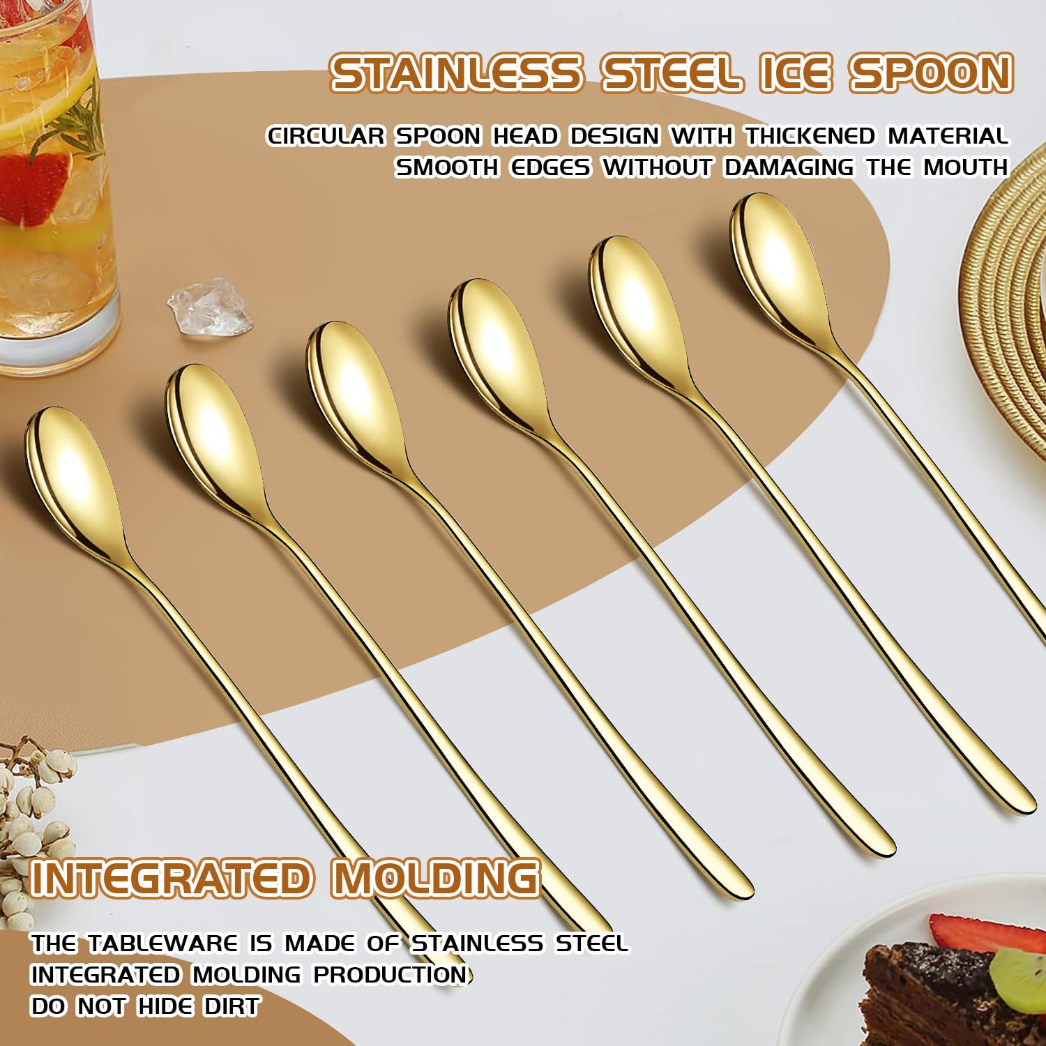 Long Handle Spoon 9.5 Inch Iced Cream Spoons Tea Spoon Coffee Stirrers Ice Spoon Stainless Steel Cocktail Stirring Spoons Dessert Milkshake Teaspoons Set of 6 (Gold)