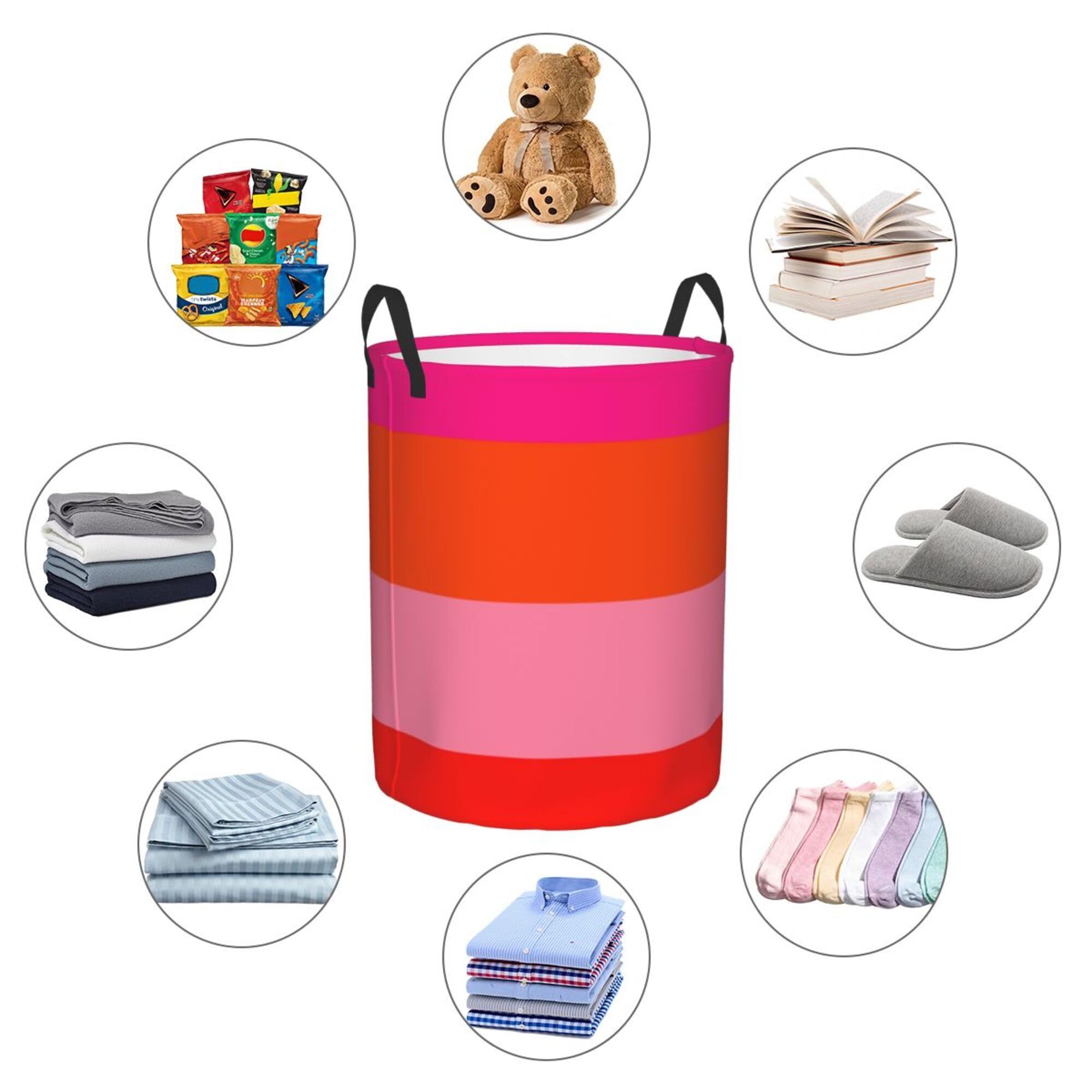 Large Laundry Basket, Dirty Clothes Hamper Toys Storage Bag Hot Pink and Bright Orange Stripes Waterproof Foldable Washing Bin for College Dorms 15.7" x 19.6"