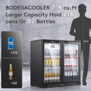 BODEGACOOLER Back Bar Cooler With 2 Glass Doors,Under Counter Back Bar Refrigerator 7.4 Cu.Ft with LED Lighting,Commercial Display Beverage Cooler for Beer,Soda Drinks,Wine