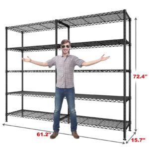 REIBII 1500LBS Storage Shelves 61.2''W Wire Shelving Unit 5 Tier Metal Shelving for Storage Rack Shelves for Storage Heavy Duty Garage Shelf Pantry Shelves Kitchen Shelving, 61.2''W*72.4''H*15.7" D