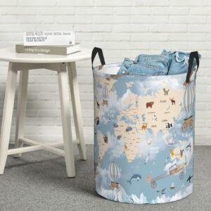 Pevtufa Animals Travel World Map Foldable Laundry Basket Organizer,Fabric Clothes Toy Storage Basket Nursery Hamper Storage Bin For Household Bedroom, Bathroom, College Dorm-Small