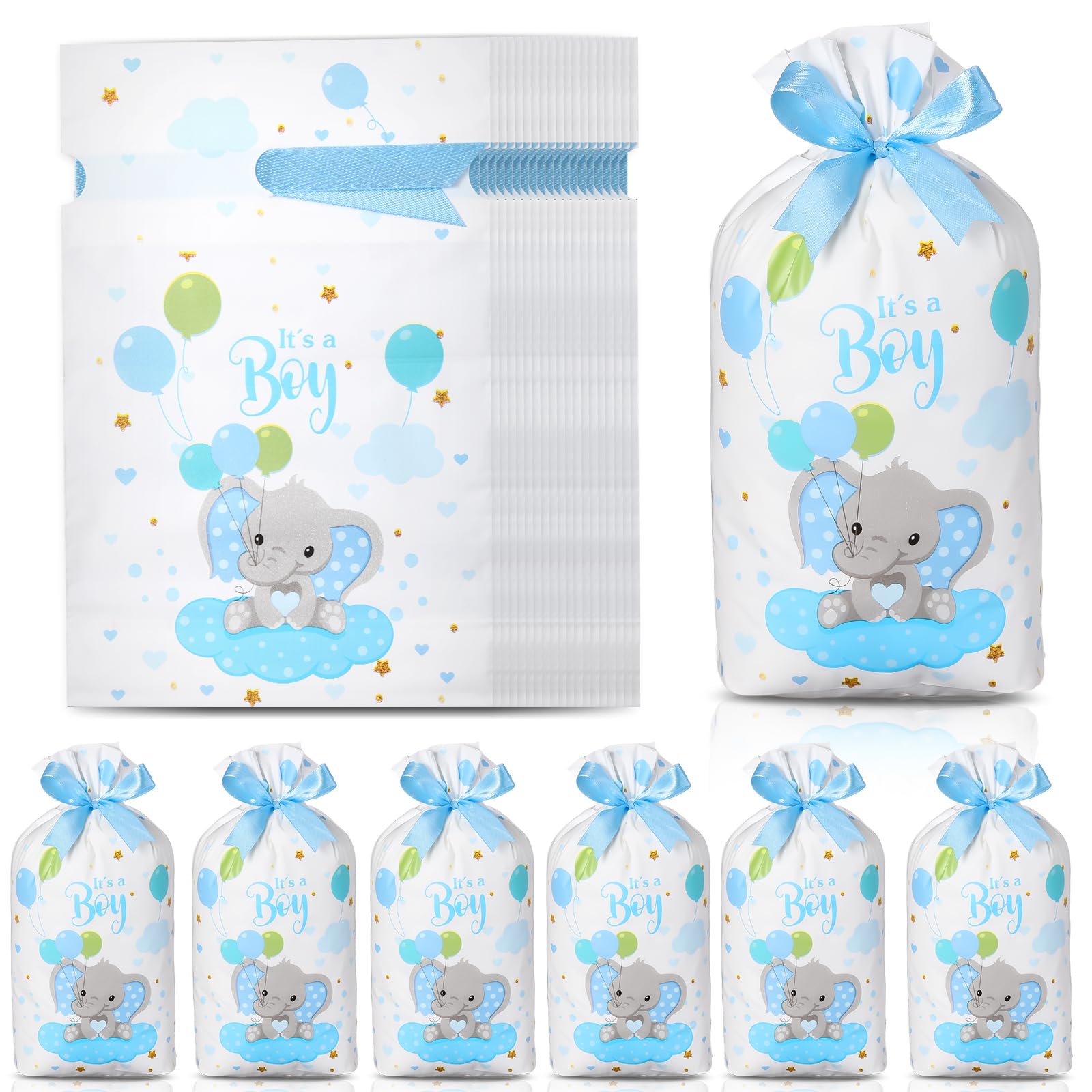 Chiisong 50 Pcs Baby Shower Treat Bags with Bow Plastic Baby Drawstring Candy Goodie Bags Baby Shower Party Favor Gift Bags for Boy Girl Birthday Gender Reveal Party 9 x 6 x 2 Inch(Elephant)