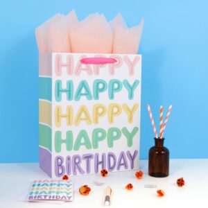 13" Large Colorful Gift Bag Set with Greeting Card and Tissue Papers (Happy Happy Happy Happy Birthday) for Girls' Birthday Party, Women's Birthday Parties, Baby Shower, Baby Girl - 10.2”x5.2”x13”, 1