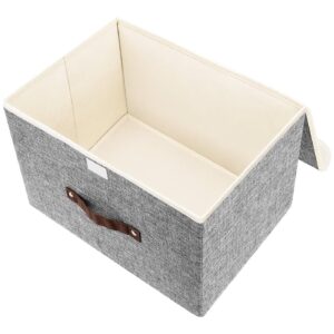 Calonge Storage Bin with Lid Storage Boxes with PU Leather Handles Decorative Foldable Lidded Cotton Linen Fabric Home Container with Flip-Top Lid & Handles, Clothes Blanket Box