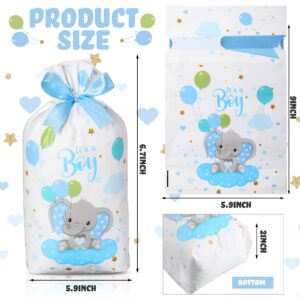 Chiisong 50 Pcs Baby Shower Treat Bags with Bow Plastic Baby Drawstring Candy Goodie Bags Baby Shower Party Favor Gift Bags for Boy Girl Birthday Gender Reveal Party 9 x 6 x 2 Inch(Elephant)