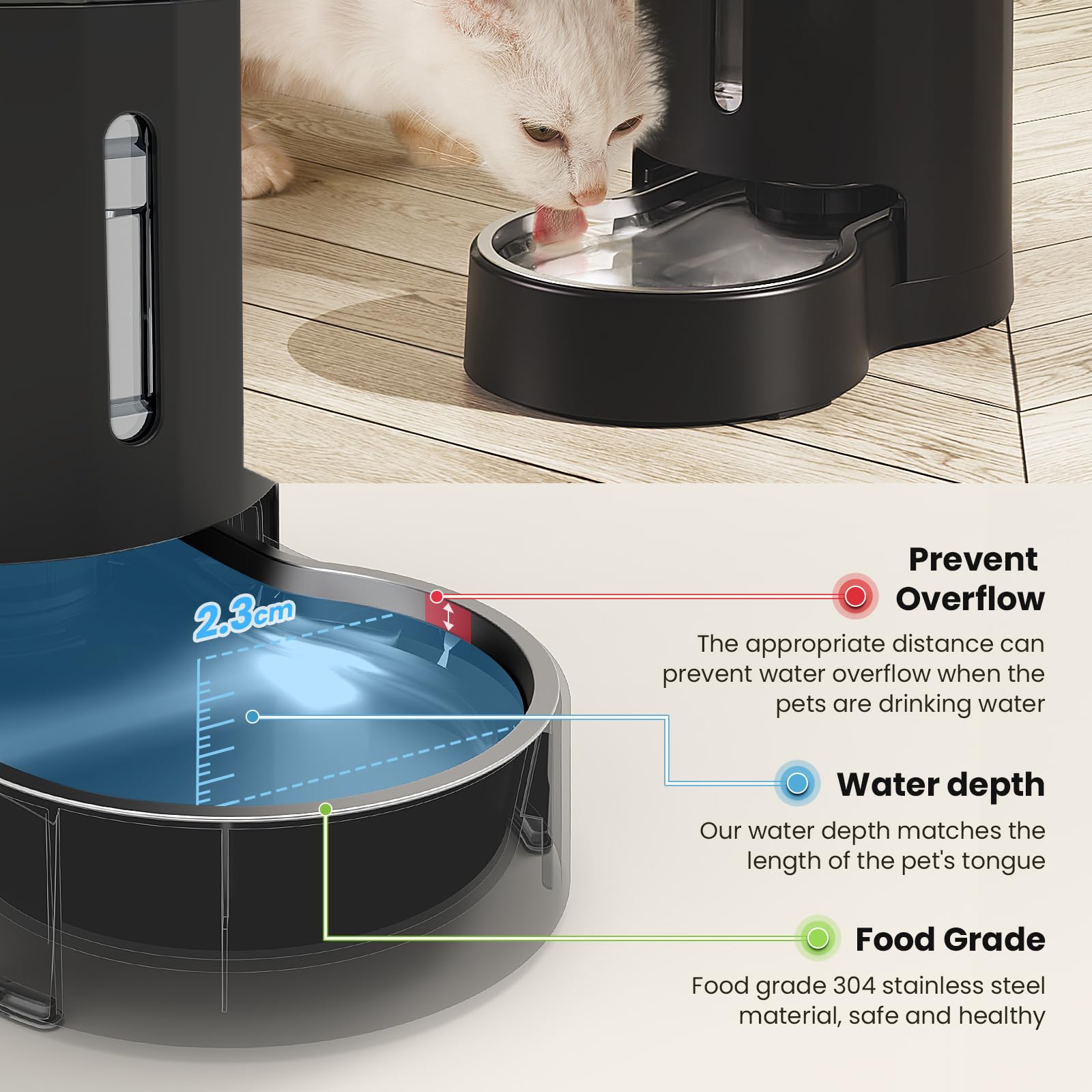 CZPET Automatic 4L/1Gal/135Oz Cat Water Dispenser with Stainless Steel Bowl, Gravity Waterer for Small Medium Dog Puppy Kitten (Black)