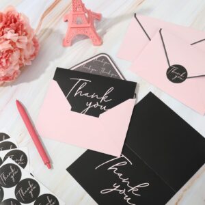 Whaline 36Pcs Thank You Cards with Envelopes and Stickers Pink Black Greeting Cards Blank Note Cards for Weddings Bridal Shower Baby Shower