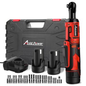 avid power cordless electric ratchet wrench 3/8", 44.2 ft-lbs 12v power ratchet wrench kit w/two 2.0ah batteries, 1-hour fast charger, variable speed and 10 sockets