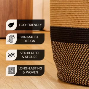 Cotton Rope Laundry Basket Hamper for Clothes, Cloth Bag, Woven Storage Basket for Living Room, Bedroom, Boho Tall Rope Baskets for Blanket, Toys, Pillow, Towels, Baby Nursery Hamper (Black and Beige)