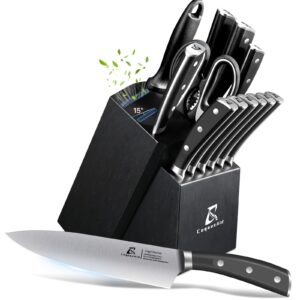 knife set, 15 pcs kitchen knife block sets with sharpener, 6 steak knife set serrated with block, forged german stainless steel rust proof knives, dishwasher safe black, new beveled design