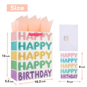 13" Large Colorful Gift Bag Set with Greeting Card and Tissue Papers (Happy Happy Happy Happy Birthday) for Girls' Birthday Party, Women's Birthday Parties, Baby Shower, Baby Girl - 10.2”x5.2”x13”, 1