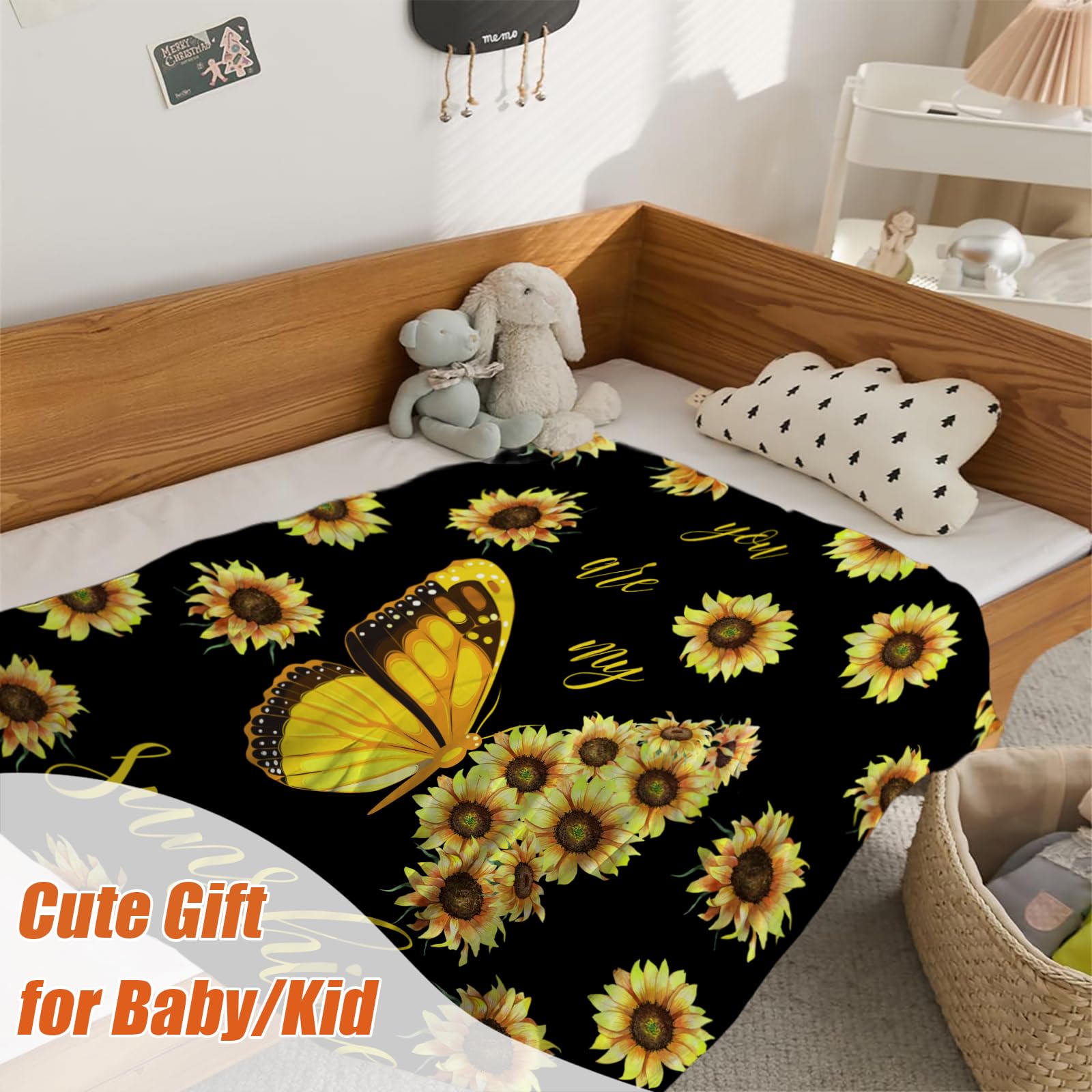 YeeJu Sunflower Kids Throw Blanket Small Yellow Floral Butterfly Blanket Gift for Girls Boys Child Baby Soft Fuzzy Fleece Blankets Black Spring Summer Flower Decorative Print Blanket 40x50