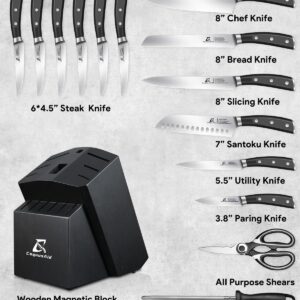 Knife Set, 15 PCS Kitchen Knife Block Sets with Sharpener, 6 Steak Knife Set Serrated with Block, Forged German Stainless Steel Rust Proof Knives, Dishwasher Safe Black, New Beveled Design