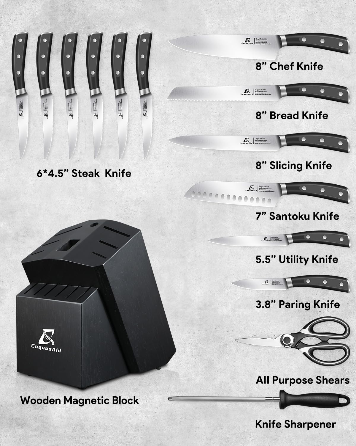 Knife Set, 15 PCS Kitchen Knife Block Sets with Sharpener, 6 Steak Knife Set Serrated with Block, Forged German Stainless Steel Rust Proof Knives, Dishwasher Safe Black, New Beveled Design