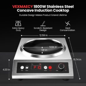 VEXMAECY 1800W Electric Wok Used For Home And Commercial,Induction Wok With Concave Surface Stainless Steel Strong Power Dual Control Mode 10 Power And Temp 24H Timer Induction Cooktop For Cooking