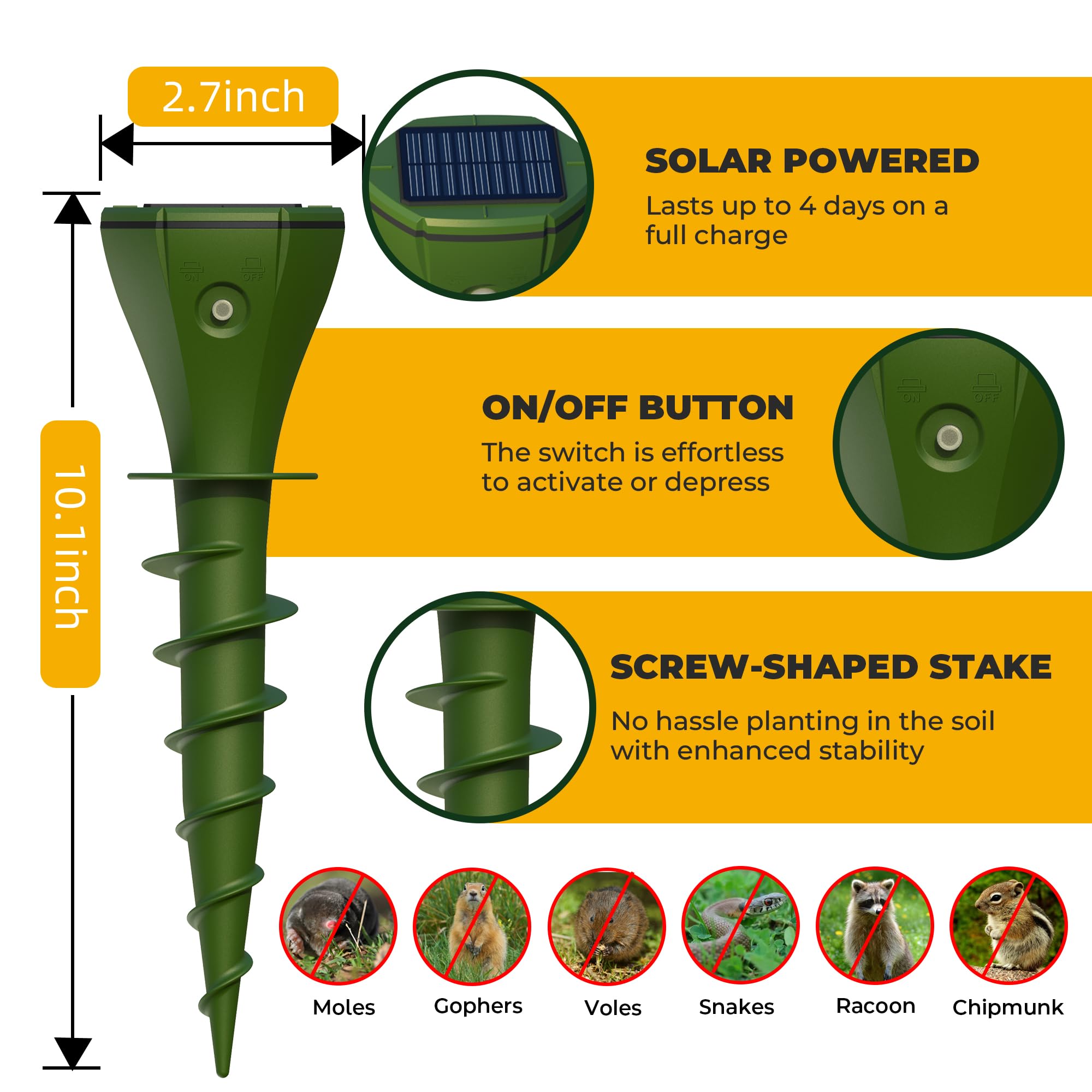 Solar Powered Mole Repellent for Lawns Screw Gopher Repellent Quiet Outdoor Vibration Deterrent Get Rid of Snake Vole Racoon Armadillo and Other Burrowing Pests (8 Pack)