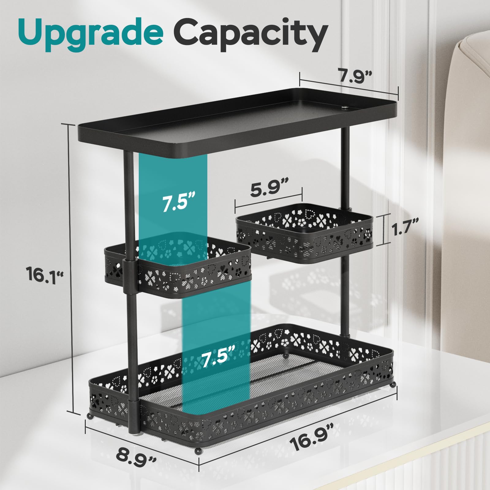 3-Tier Bathroom Counter Organizer, Upgrade Large Vanity Countertop Organizer with 360 Rotating Basket, Bathroom Sink Standing Perfume Cosmetic Makeup Storage Shelf, Kitchen Spice Rack (Black)