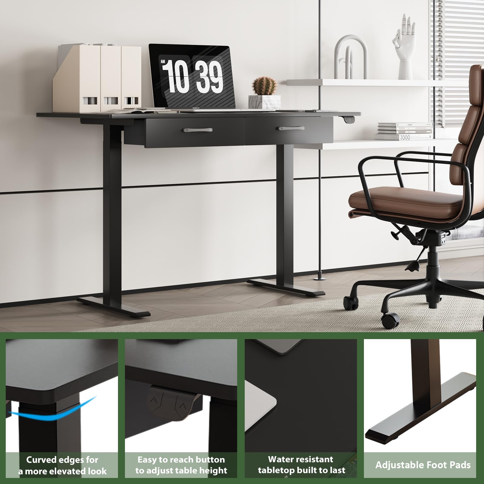 Our Modern Space 2-Drawer Height Adjustable 45" Electric Standing Desk - Upgraded Ultra Durable Home Office Large Rectangular Computer Table or Laptop Sit Stand Workstation - Black