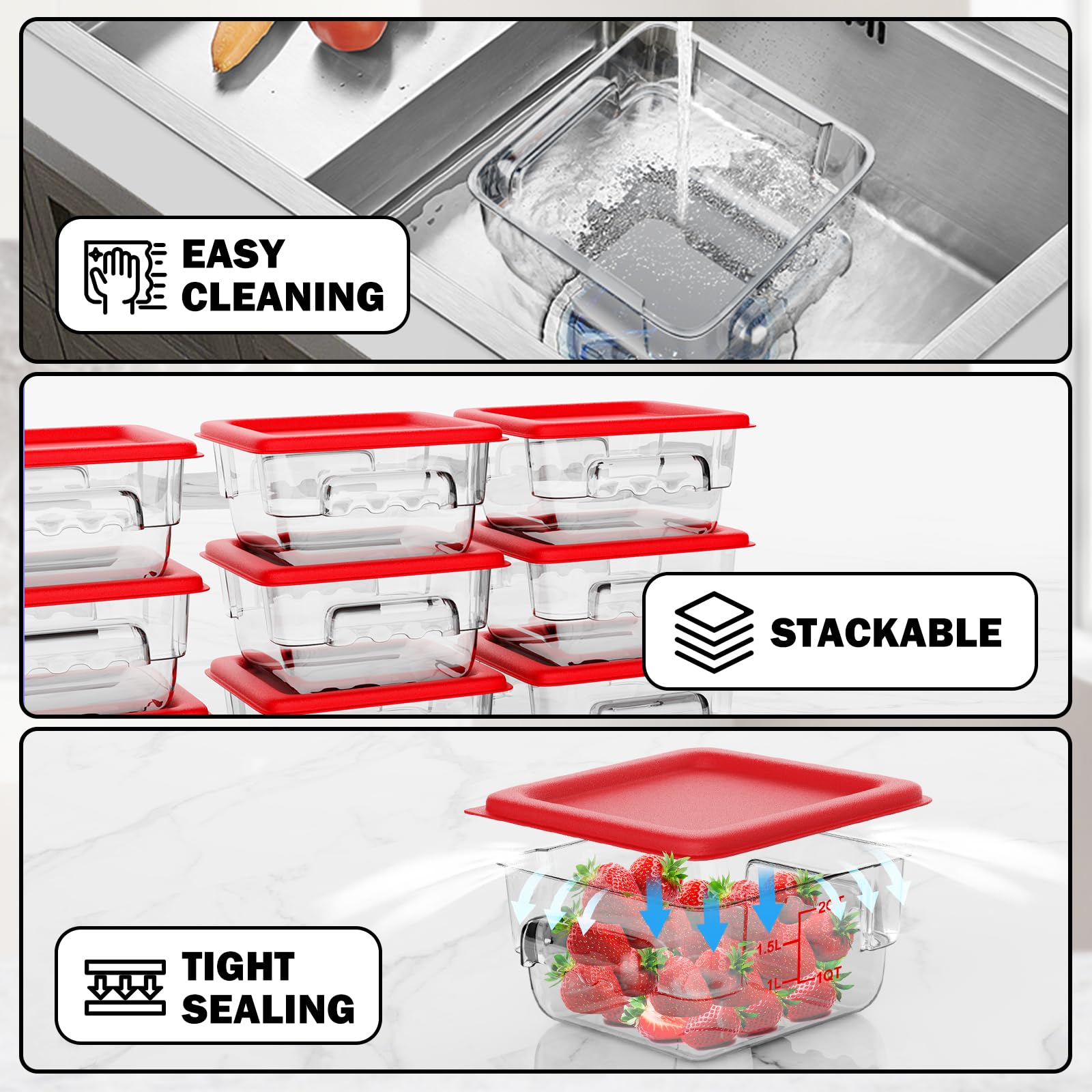 4QT NSF Food Storage Containers: 8 PCS [Food Grade][Hot&Cold Resistant] Commercial Clear Food Storage Containers with Lids for Restaurant Kitchen Proof Dough, Measuring Spoons Included(BPA FREE)