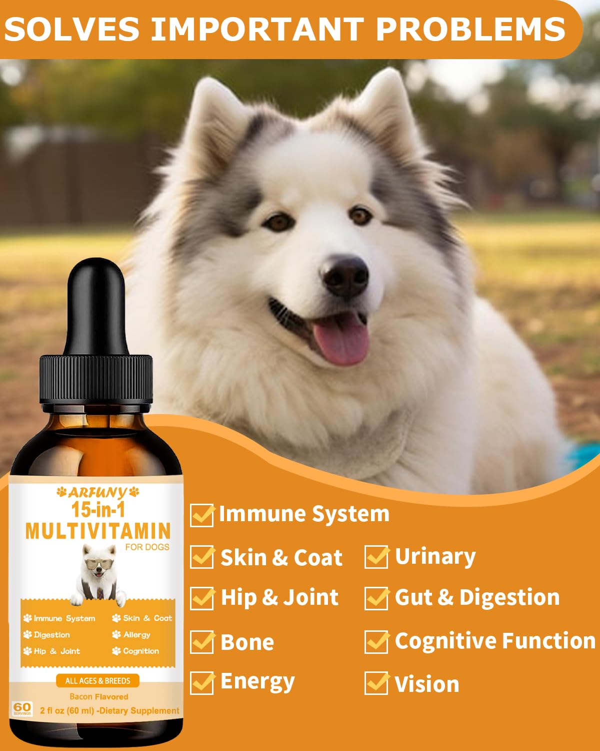 15 in 1 Multivitamin for Dogs | 60ML Dog Multivitamin Liquid Support Joint, Gut & Immune Health | Dog Liquid Vitamins for Digestion, Heart, Skin & Coat | Vitamin Supplements for Dogs | Bacon Flavor