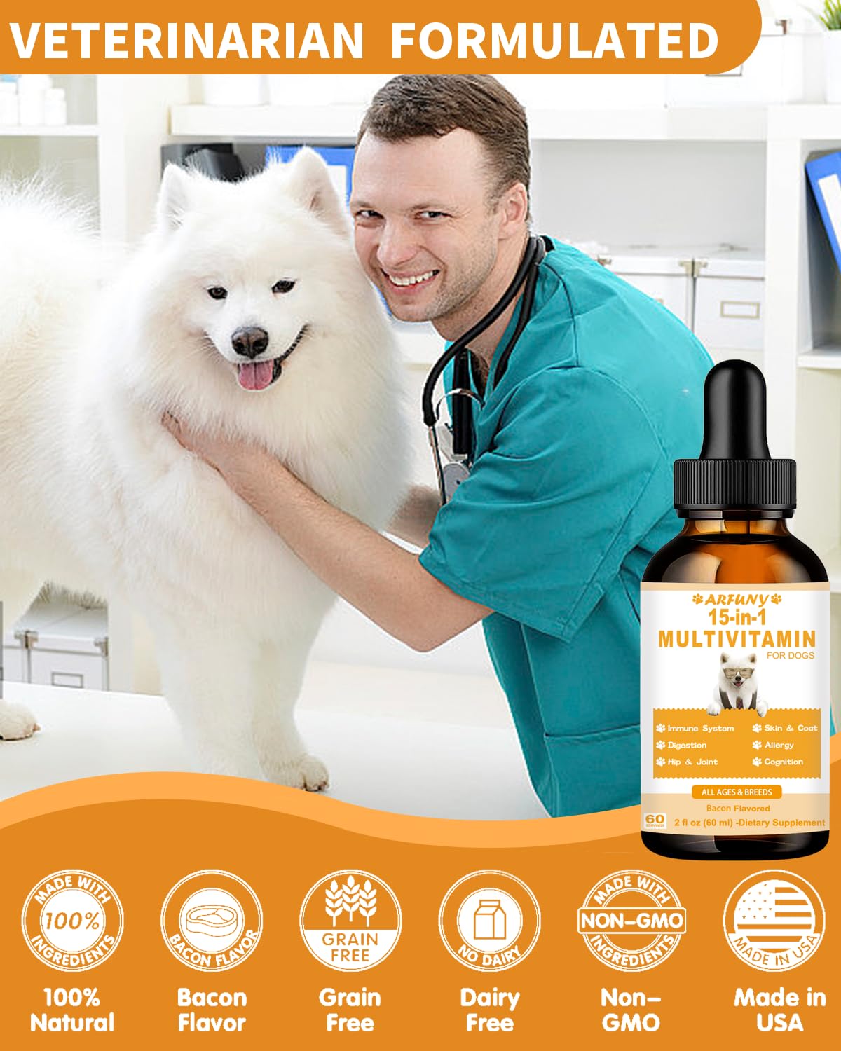 15 in 1 Multivitamin for Dogs | 60ML Dog Multivitamin Liquid Support Joint, Gut & Immune Health | Dog Liquid Vitamins for Digestion, Heart, Skin & Coat | Vitamin Supplements for Dogs | Bacon Flavor