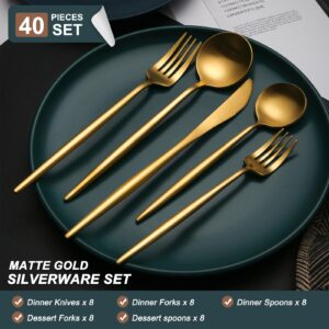 TUPMFG 40 Pieces Matte Gold Silverware Set, Stainless Steel Gold Flatware Set for 8, Satin Finish Spoons and Forks Silverware Set, Gold Cutlery Utensils Set, Dishwasher Safe