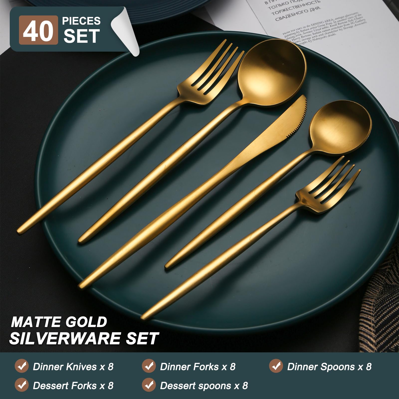 TUPMFG 40 Pieces Matte Gold Silverware Set, Stainless Steel Gold Flatware Set for 8, Satin Finish Spoons and Forks Silverware Set, Gold Cutlery Utensils Set, Dishwasher Safe