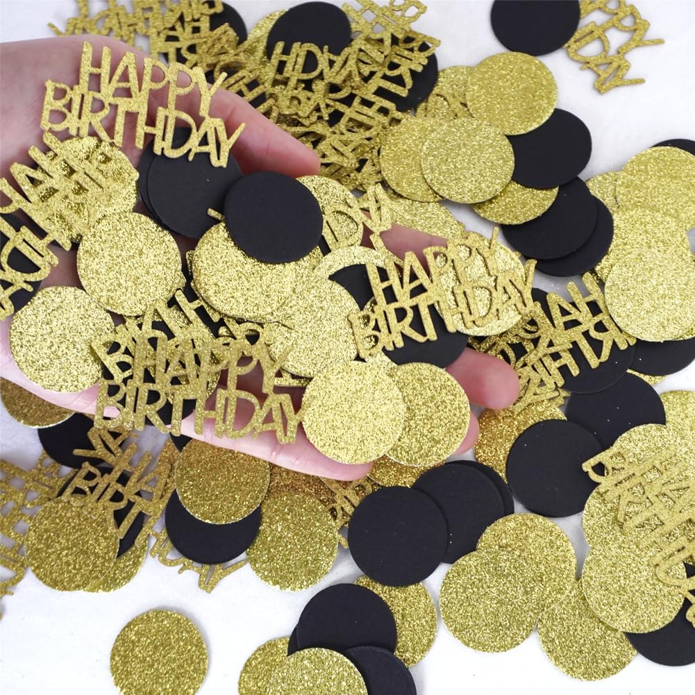 Happy Birthday Confetti, Glitter Gold and Black Birthday Table Scatter Confetti, Polka Dot, Circle Dots Paper Confetti, Birthday Party Decorations for Table Bed Balloon (100 PCS)