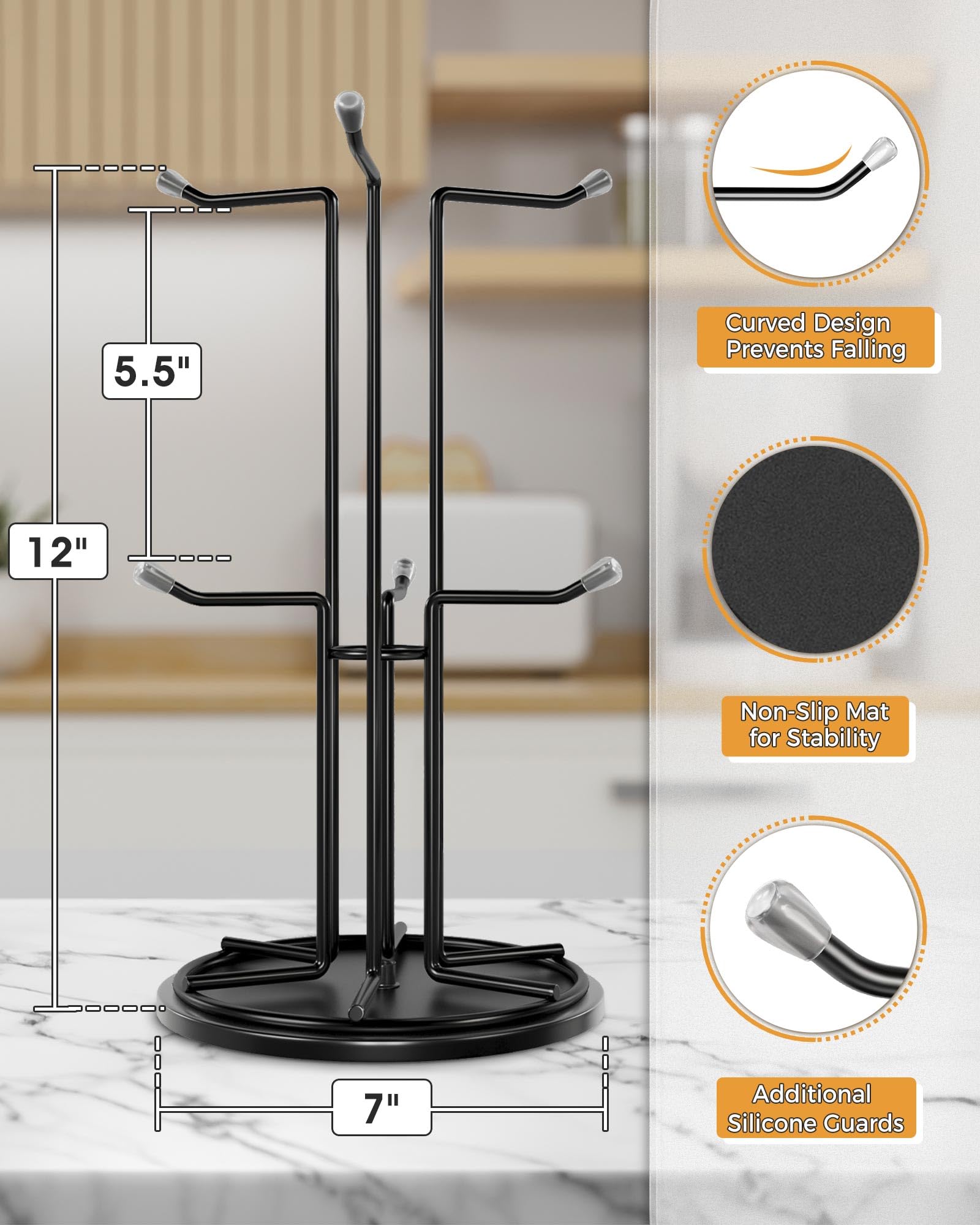 Bulado Mug Tree for Large Mugs, 360° Rotated Coffee Mug Holder, Metal Mug Tree for Counter Large Mugs 6, Coffee Cup Holder for Countertop for Easy Grab and Drop, Mug Stand for Coffee Bar Kitchen