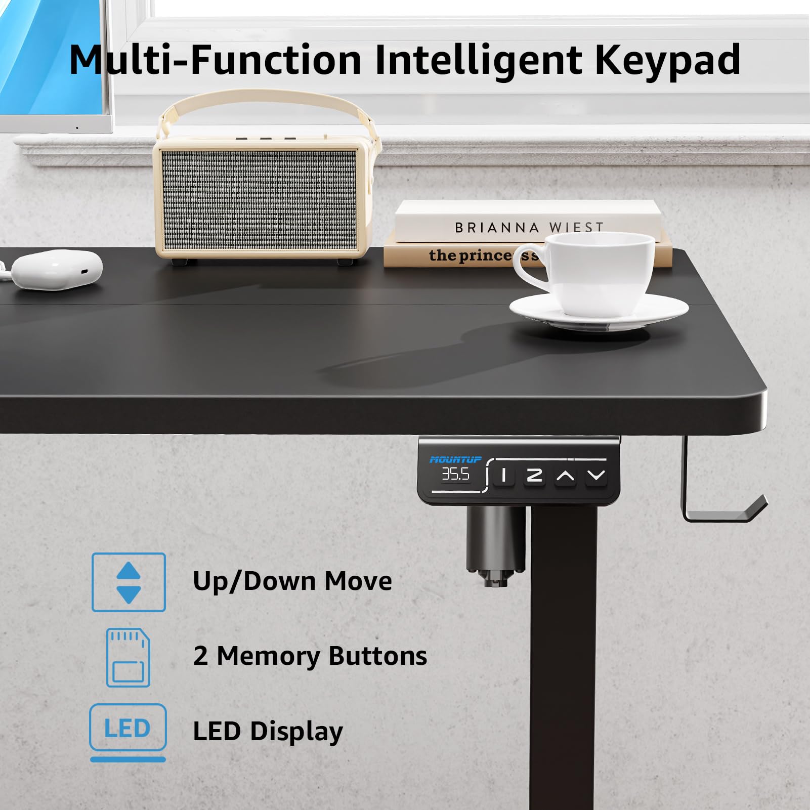 MOUNTUP Electric Height Adjustable Standing Desk, 48 x 24 Inches Sit Stand Desk with Memory Controller, Ergonomic Stand Up Desk for Home Office with Splice Board, Black