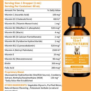 15 in 1 Multivitamin for Dogs | 60ML Dog Multivitamin Liquid Support Joint, Gut & Immune Health | Dog Liquid Vitamins for Digestion, Heart, Skin & Coat | Vitamin Supplements for Dogs | Bacon Flavor