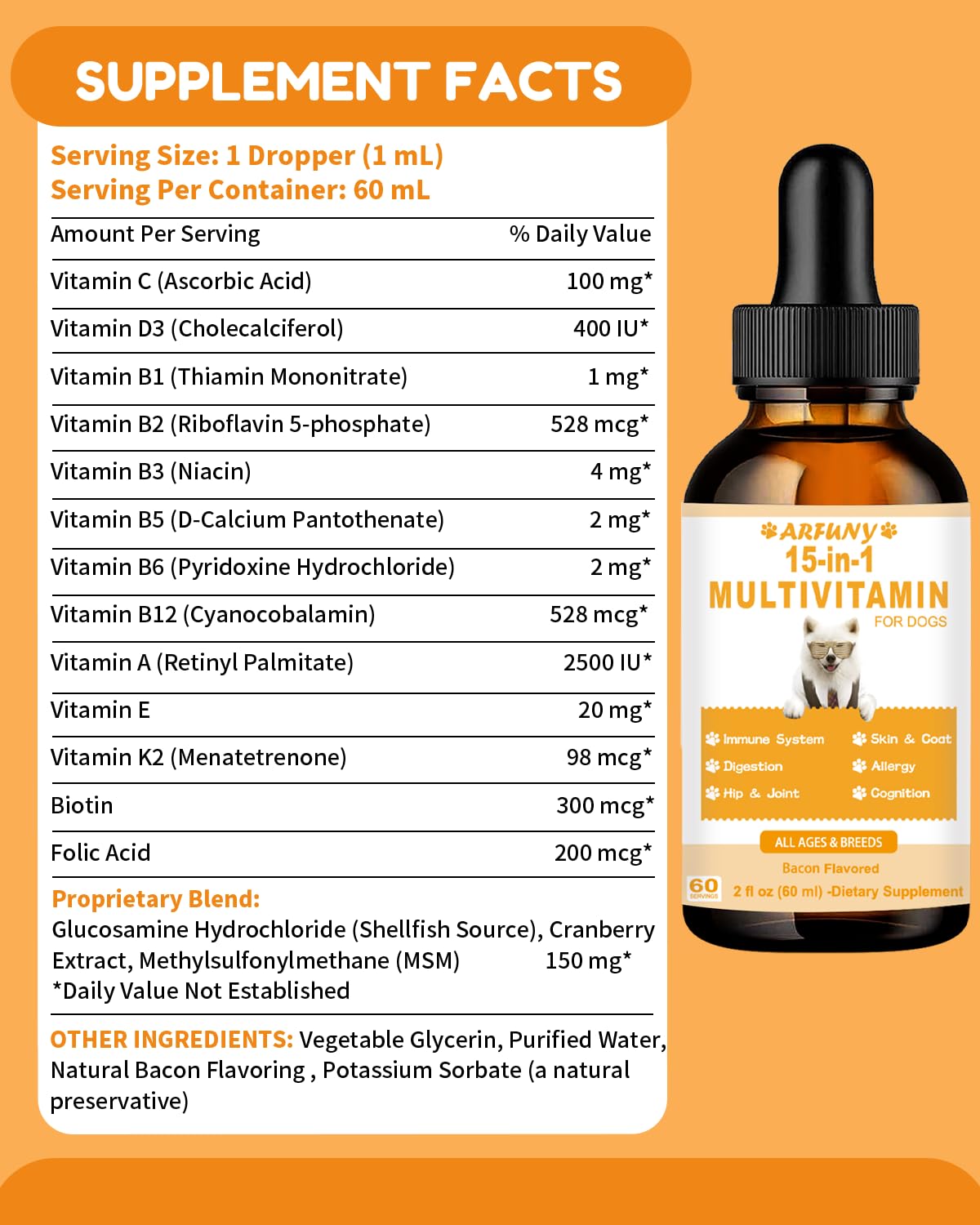 15 in 1 Multivitamin for Dogs | 60ML Dog Multivitamin Liquid Support Joint, Gut & Immune Health | Dog Liquid Vitamins for Digestion, Heart, Skin & Coat | Vitamin Supplements for Dogs | Bacon Flavor