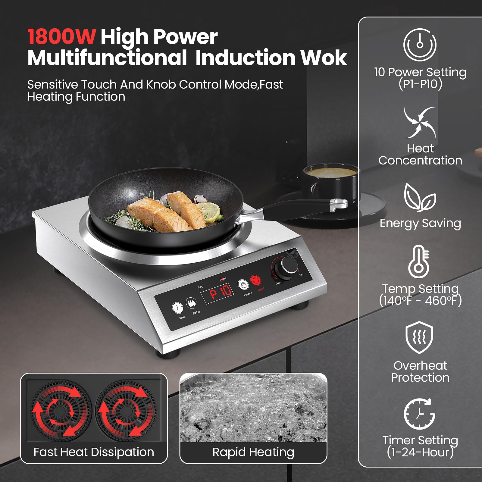 VEXMAECY 1800W Electric Wok Used For Home And Commercial,Induction Wok With Concave Surface Stainless Steel Strong Power Dual Control Mode 10 Power And Temp 24H Timer Induction Cooktop For Cooking