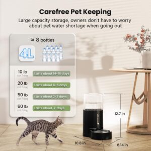 CZPET Automatic 4L/1Gal/135Oz Cat Water Dispenser with Stainless Steel Bowl, Gravity Waterer for Small Medium Dog Puppy Kitten (Black)