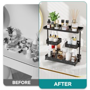 3-Tier Bathroom Counter Organizer, Upgrade Large Vanity Countertop Organizer with 360 Rotating Basket, Bathroom Sink Standing Perfume Cosmetic Makeup Storage Shelf, Kitchen Spice Rack (Black)