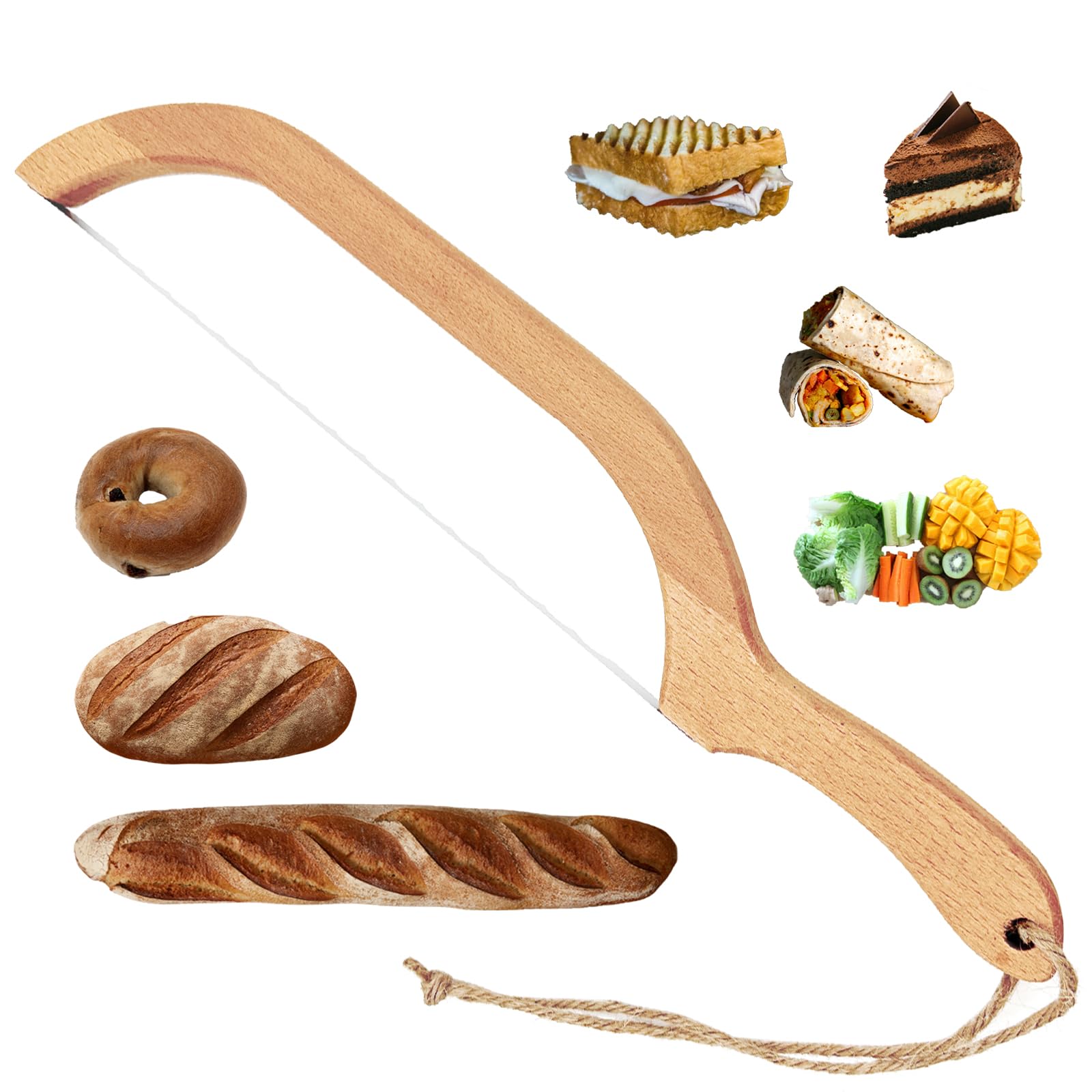 Urnseh Bread Knife, Wooden Bread Bow Knife for Homemade Bread,16" Serrated Sourdough Cutter Fiddle Bow Bread Slicer Knife for Bagels,Baguettes and More,Right Handed