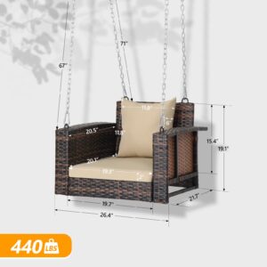 VINGLI 2.2 FT 1-Person Use Rattan Porch Swing Outdoor Support 440 LBS with Cushions & Adjustable Chains, Patio Wicker Swing Bench Chair for Garden, Yard, Lawn, Tree, Brown