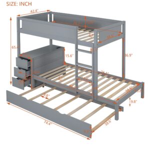 CITYLIGHT Twin Over Twin Bunk Beds with Desk and Storage Drawers, Wood Bunk Beds with Trundle, Twin Bunk Bed with Charging Station for Kids Teens, Girls Boys, Grey