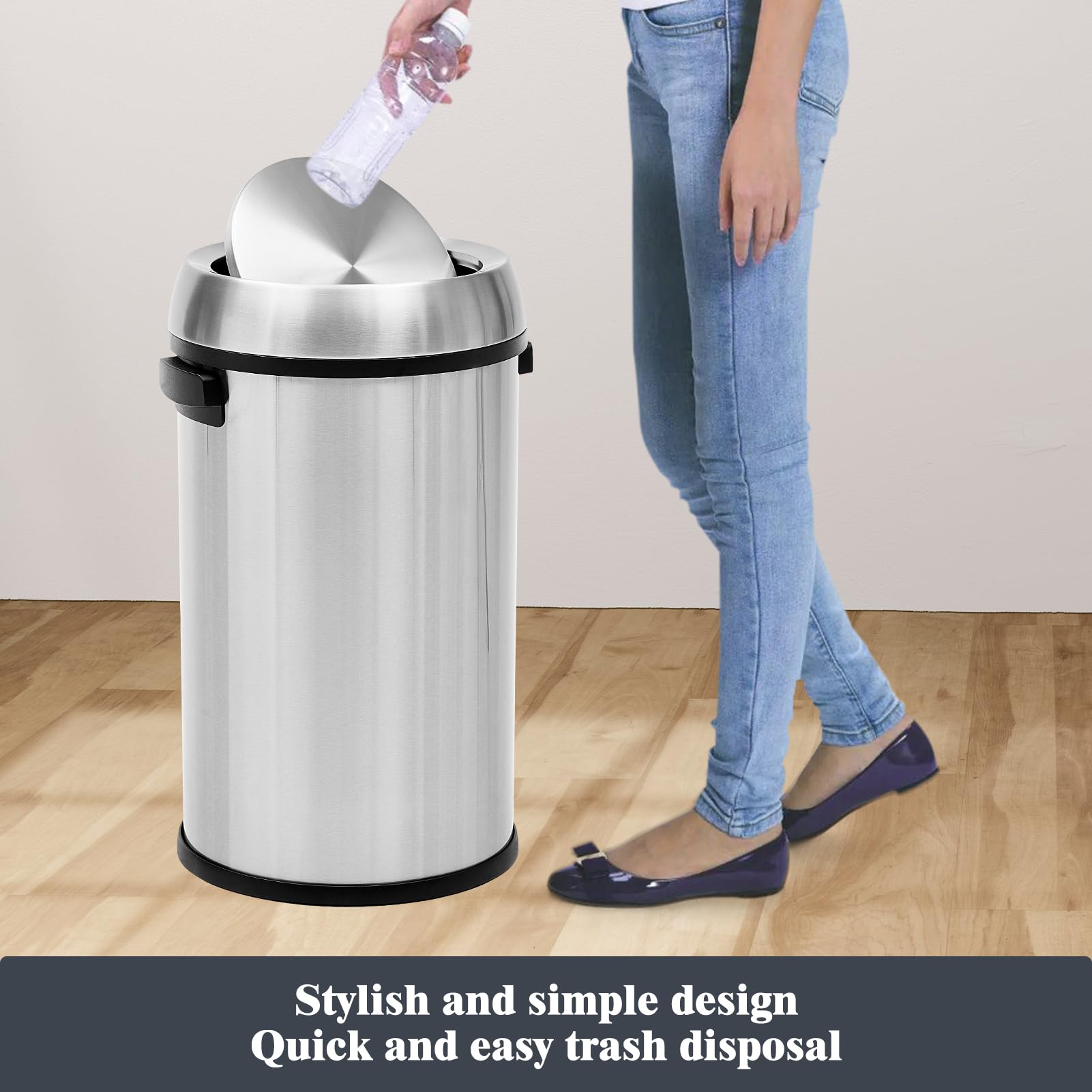 GlowSol 17 Gallon Large Capacity Kitchen Trash Can with Swing Lid, Commercial Trash Can, Heavy Duty Brushed Stainless Steel Garbage Can, 65 Liter, Suitable for Kitchen Outdoor Office