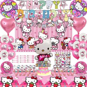 147pcs cartoon cat theme party supplies for girls,birthday party decorations,includes banners, spirals, backdrops, tablecloths, plates, knives, forks and spoons, stickers, foil balloons, cake toppers