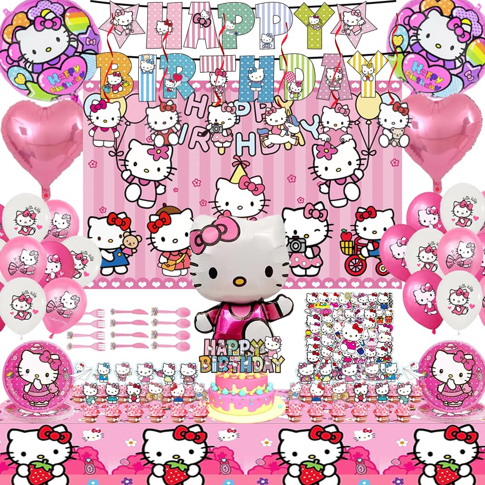 147Pcs Cartoon Cat Theme Party Supplies For Girls,Birthday Party Decorations,Includes banners, spirals, backdrops, tablecloths, plates, knives, forks and spoons, stickers, foil balloons, cake toppers