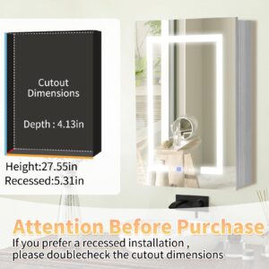 SIMEFUL Bathroom Medicine Cabinet with LED Mirror, 20"×28" Wall Mounted Mirror Cabinet with Adjustable Shelf, Anti-Fog, Memory Function, IP44 Waterproof, Dimmable 3 Colors