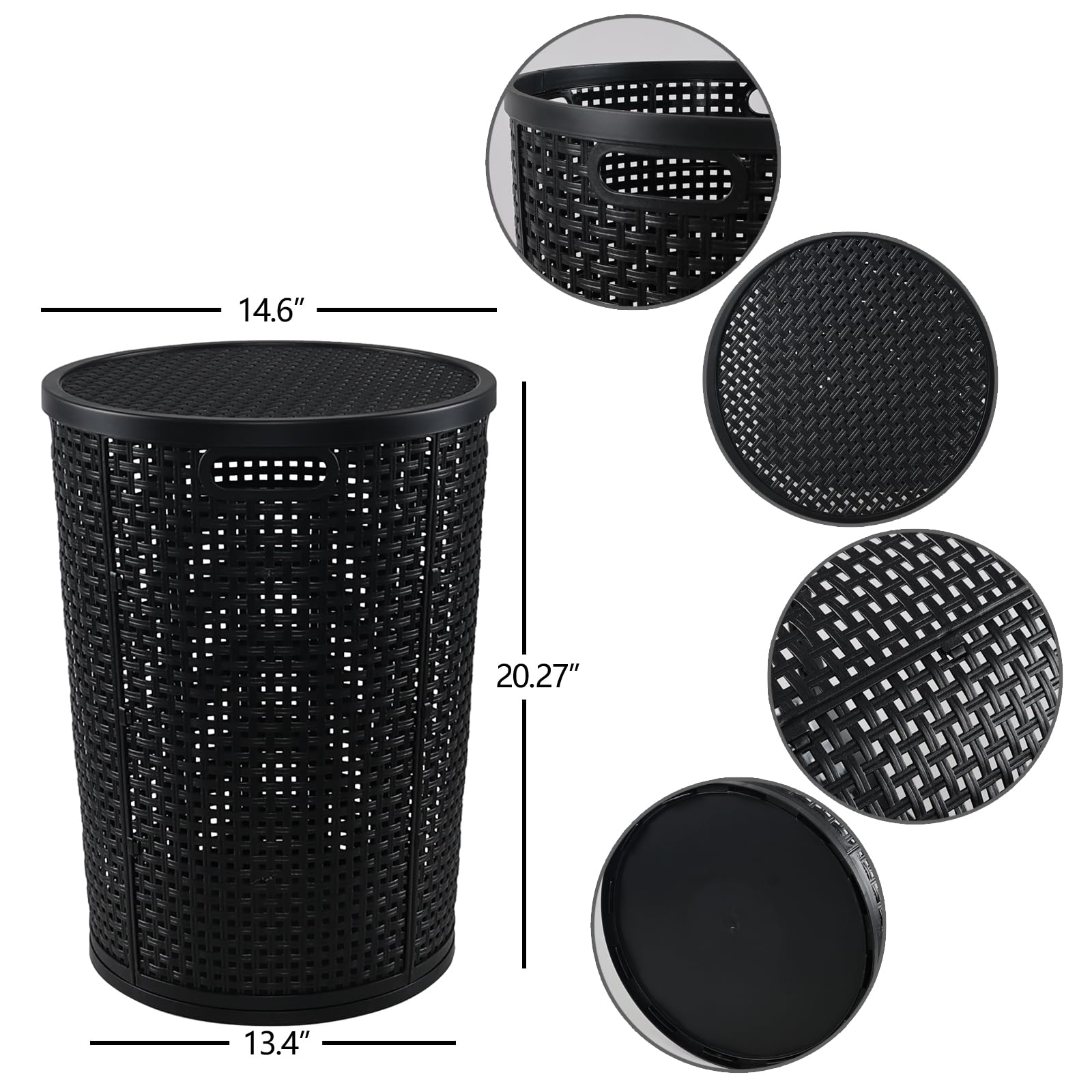 Sosody 50 Liters Black Round Plastic Laundry Hamper with Lid, Large Dirty Clothes Basket, 6 Pack